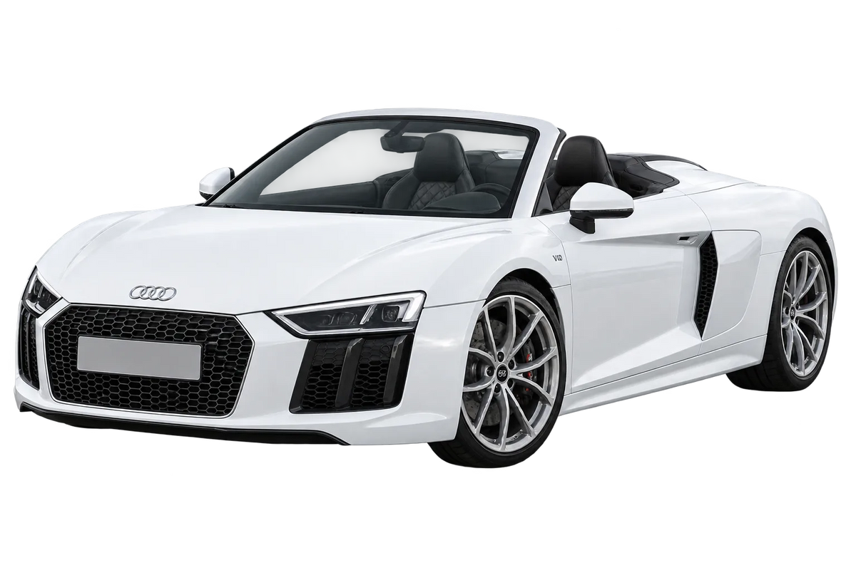 Witte Audi R8 42 Spyder, schuin van voren