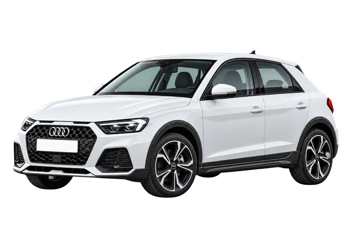 Witte Audi A1 GB allstreet, schuin van voren