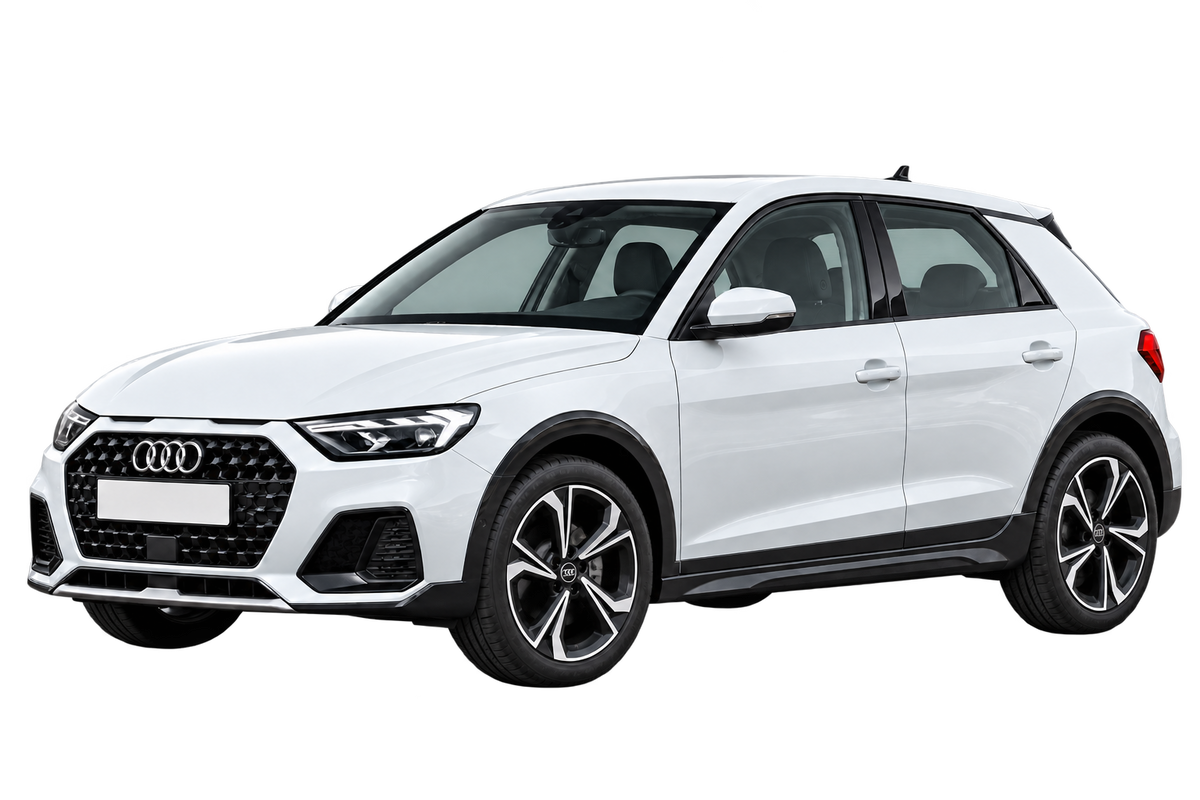 Witte Audi A1 GB citycarver, schuin van voren