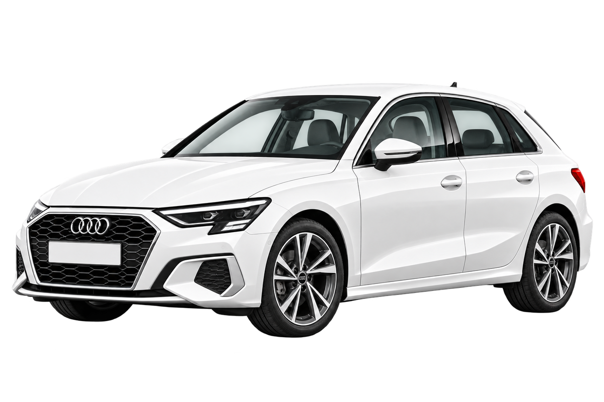 Witte Audi A3 GY Sportback, schuin van voren