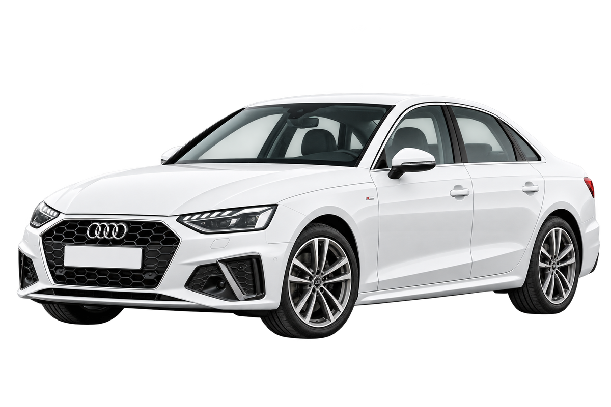 Witte Audi A4 B8, B81 B9 Limousine Facelift 2019, schuin van voren