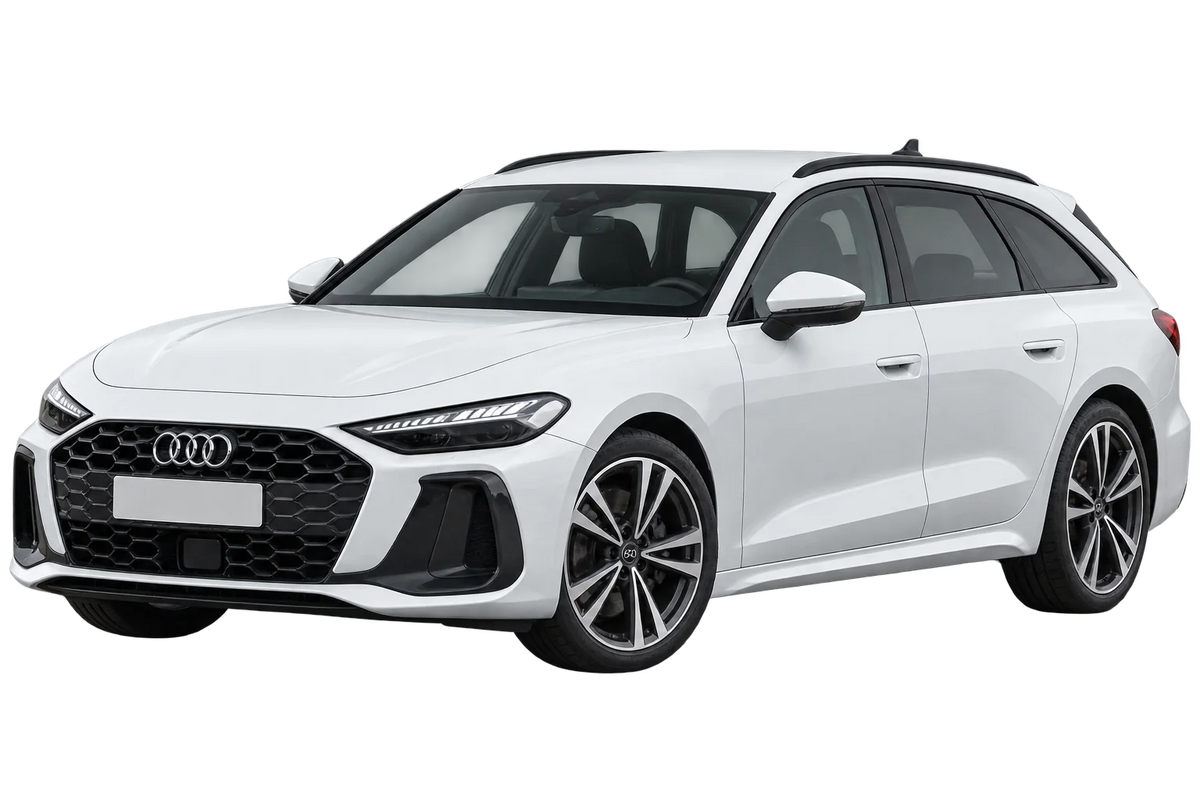 Witte Audi A5 B10 F2 Avant, schuin van voren