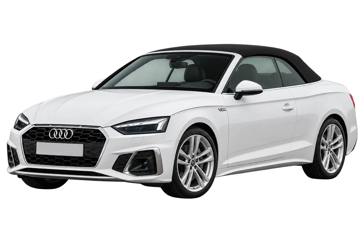 Witte Audi A5 B9 F5 Cabriolet, schuin van voren