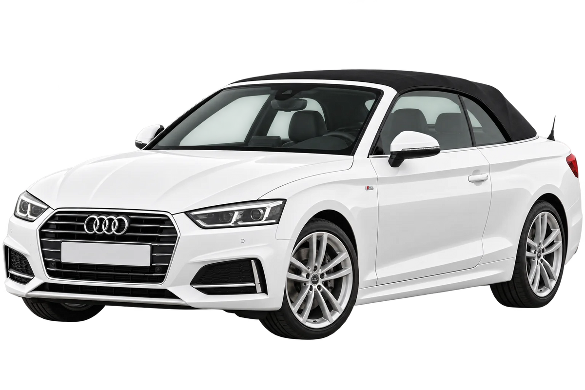 Witte Audi A5 B8, B81, B9 F5 Cabriolet, schuin van voren