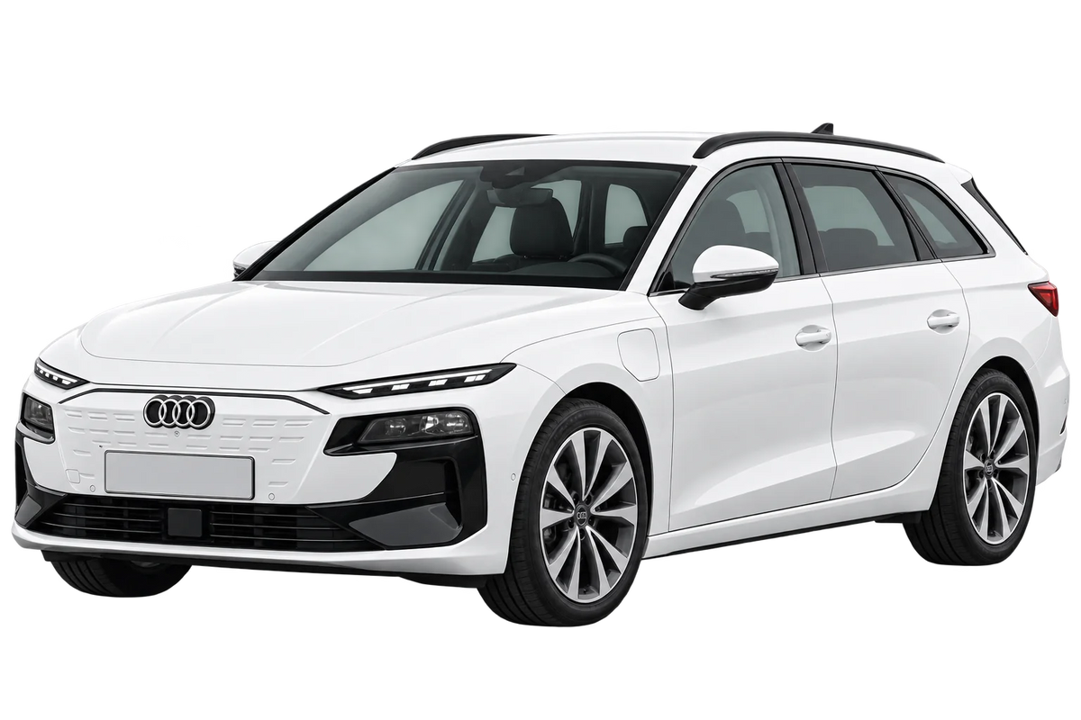 Witte Audi A6 GH Avant e-tron, schuin van voren