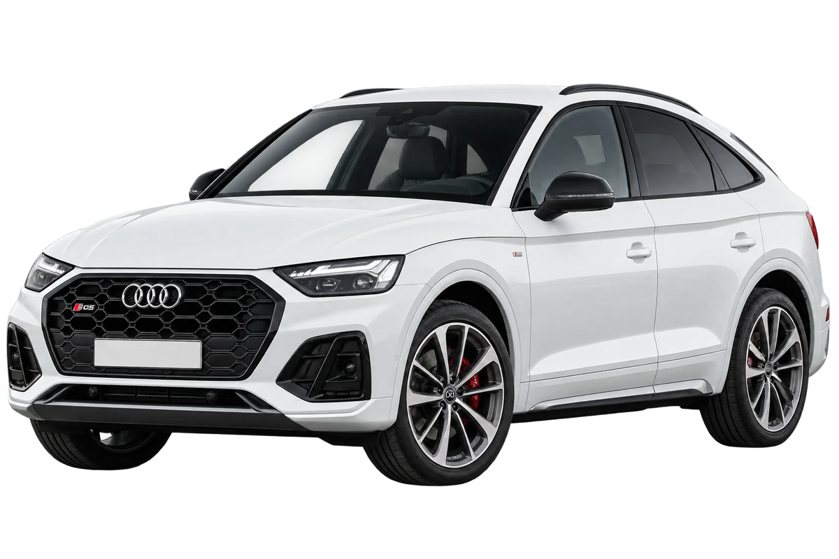 Witte Audi SQ5 FY Sportback, schuin van voren