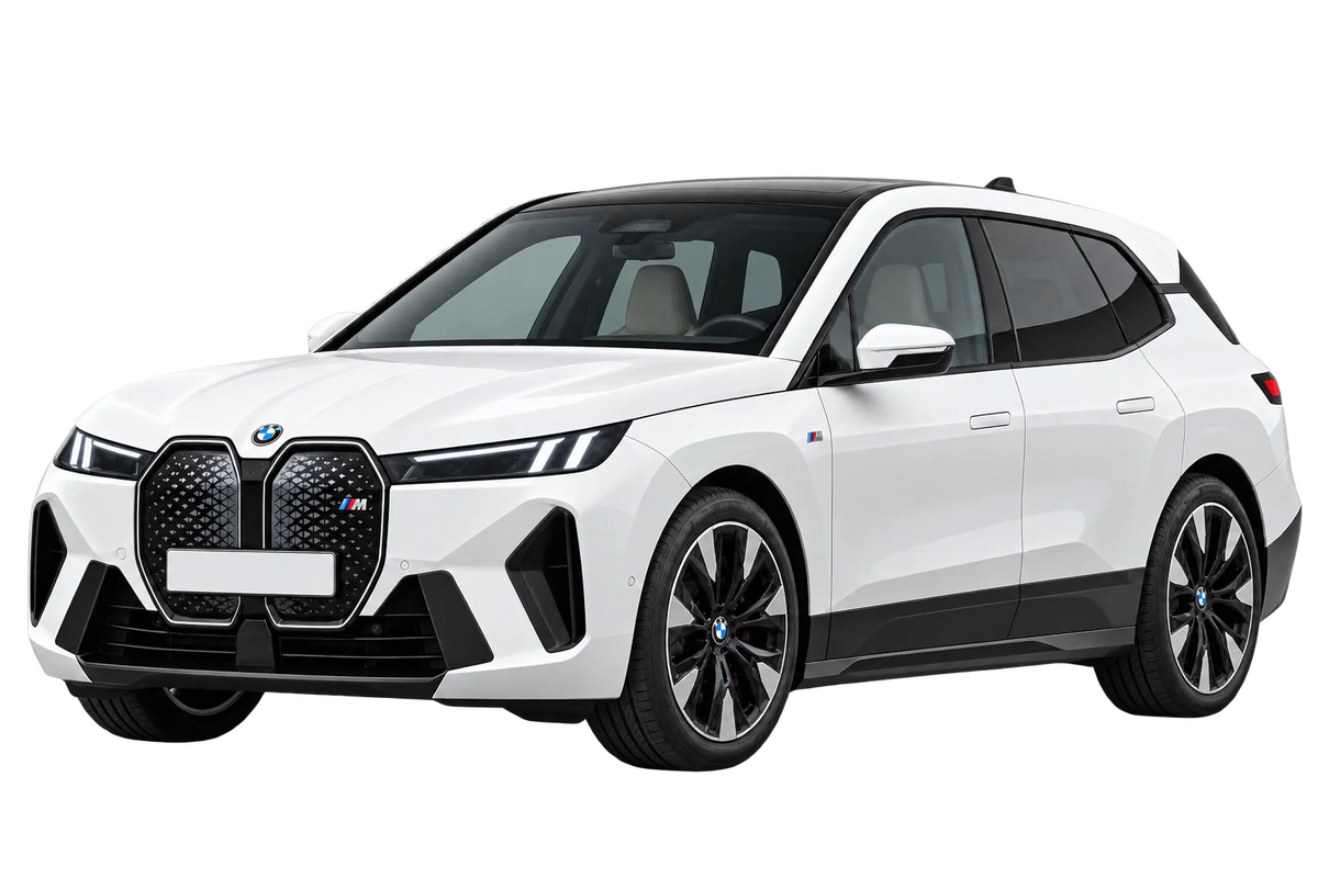Witte BMW iX M BMWi-N iX M70 xDrive Facelift 2025, schuin van voren