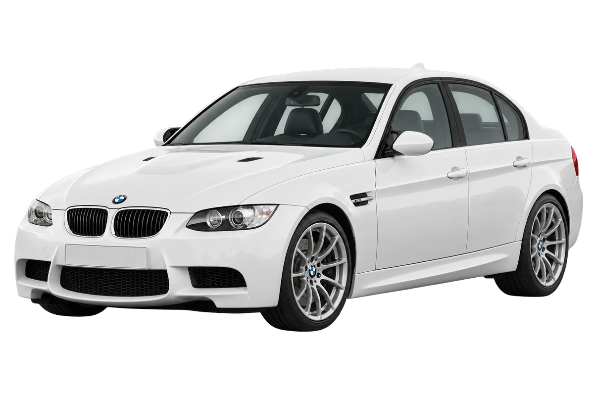 Witte BMW M3 M3; M-V; M390 E90 Limousine, schuin van voren