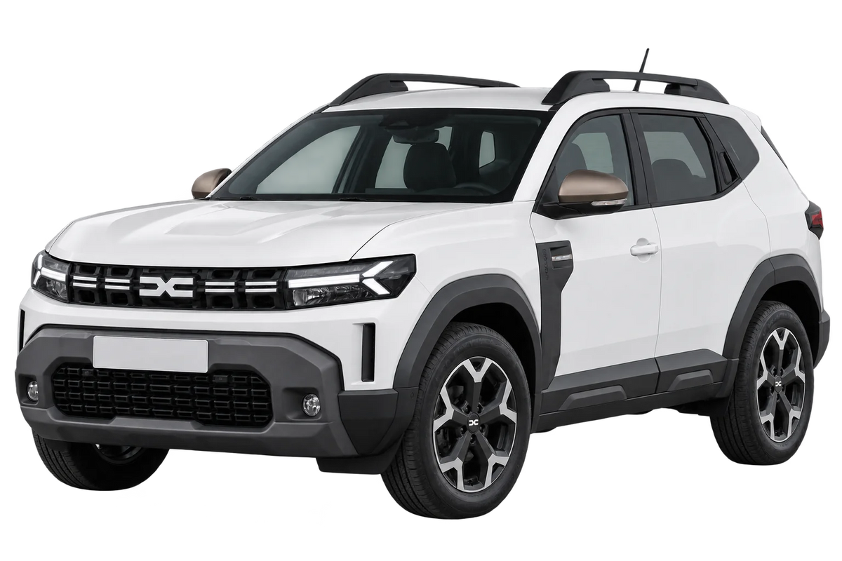 Witte Dacia Duster DJF, schuin van voren