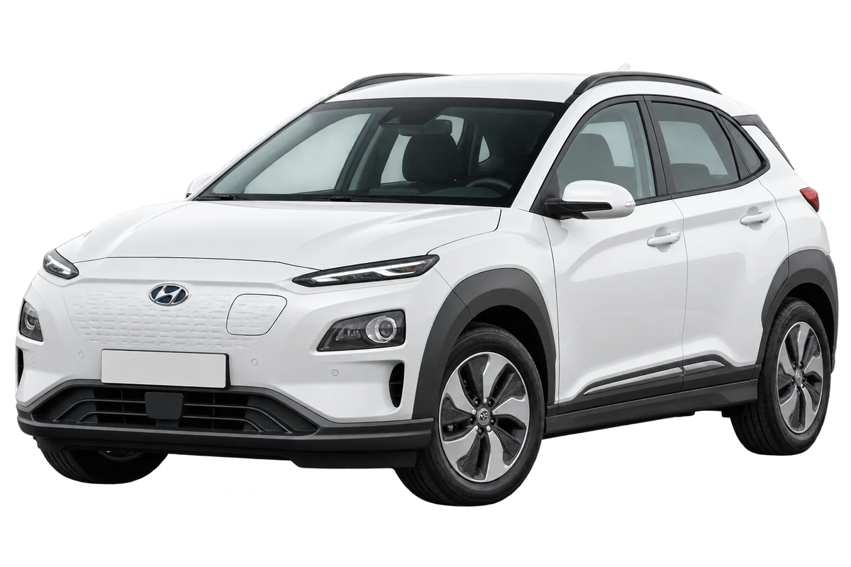 Witte Hyundai Kona OS Elektro Facelift 2021, schuin van voren
