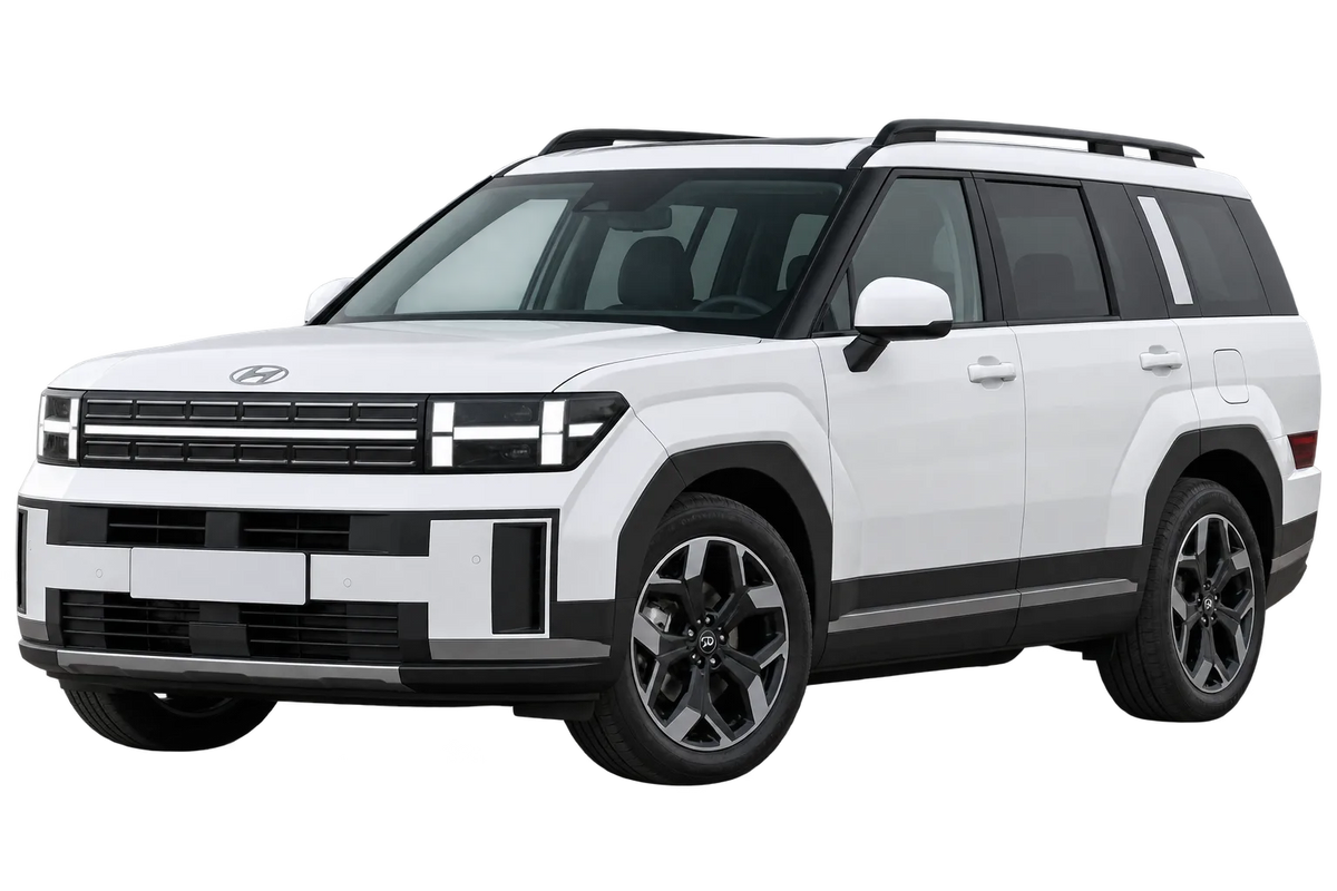 Witte Hyundai Santa Fe MX5, schuin van voren