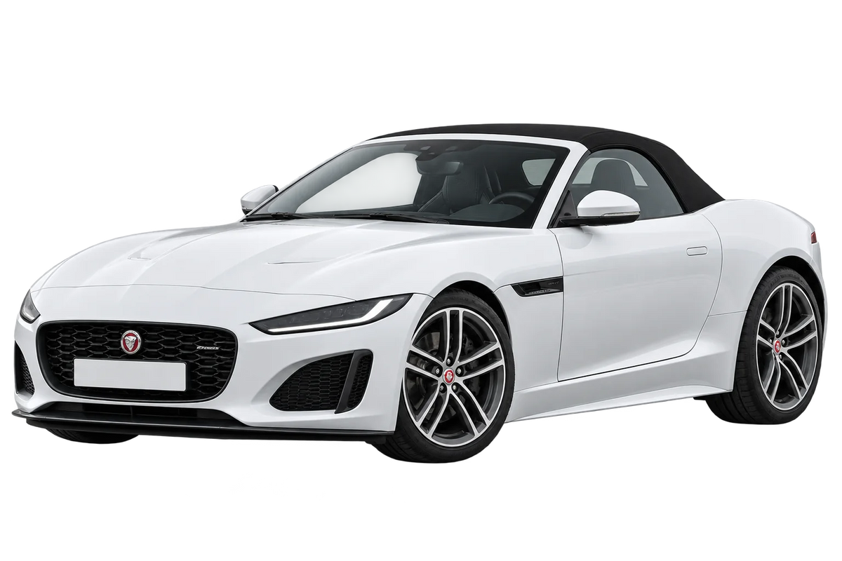 Witte Jaguar F-Type QQ6 Cabriolet Facelift 2020, schuin van voren