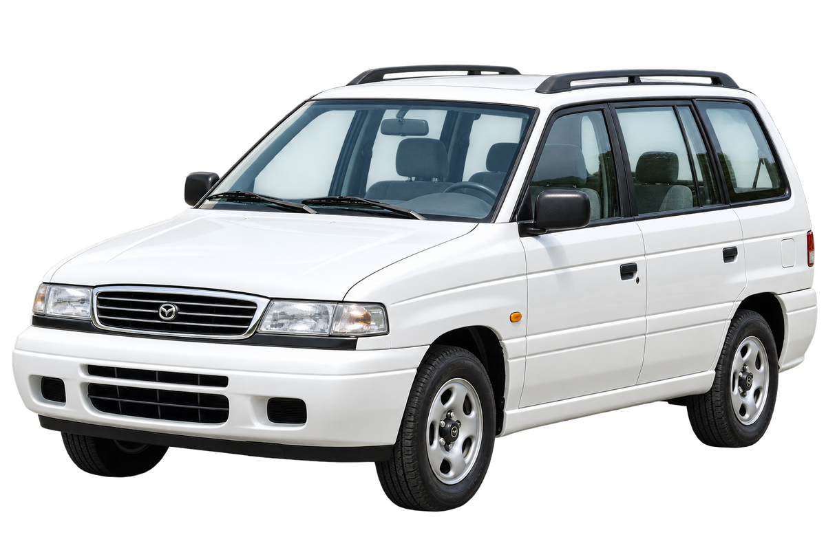Witte Mazda MPV LV, schuin van voren