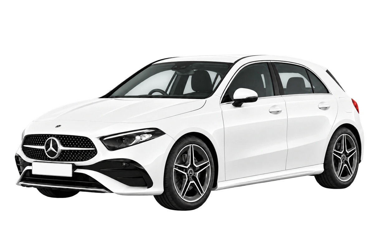 Witte Mercedes A-Klasse F2A W177 Berlina Compacta, schuin van voren