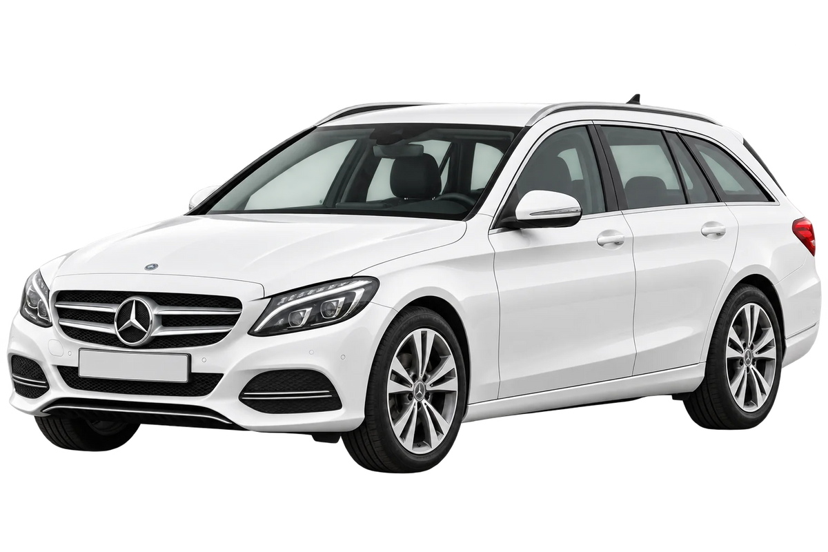 Witte Mercedes C-Klasse 204K S205 T-Modell Kombi / Station Wagon, schuin van voren