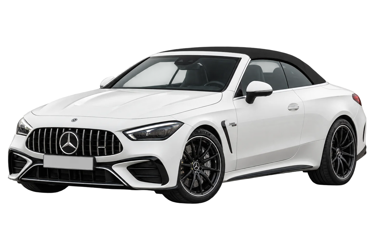 Witte Mercedes CLE AMG R2CLECA 236 AMG CLE 53 4MATIC+ Cabriolet, schuin van voren