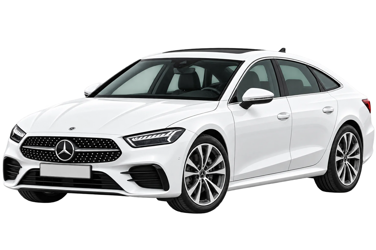 Witte Mercedes CLS R1ECLS 257 Coupé Facelift 2021, schuin van voren