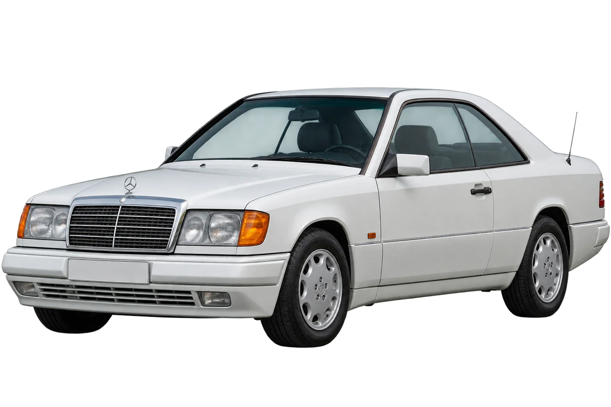 Witte Mercedes E-Klasse 124C Coupé, schuin van voren