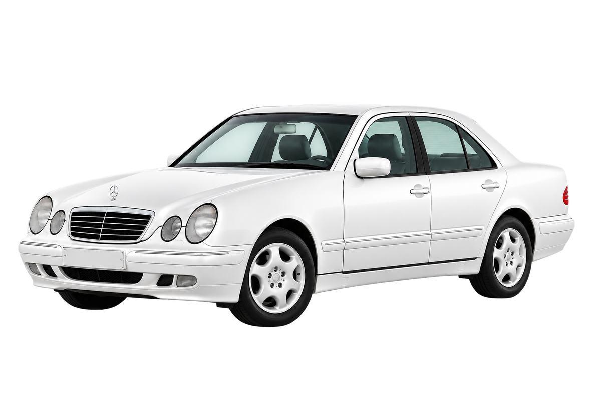 Witte Mercedes E-Klasse 210 Limousine, schuin van voren