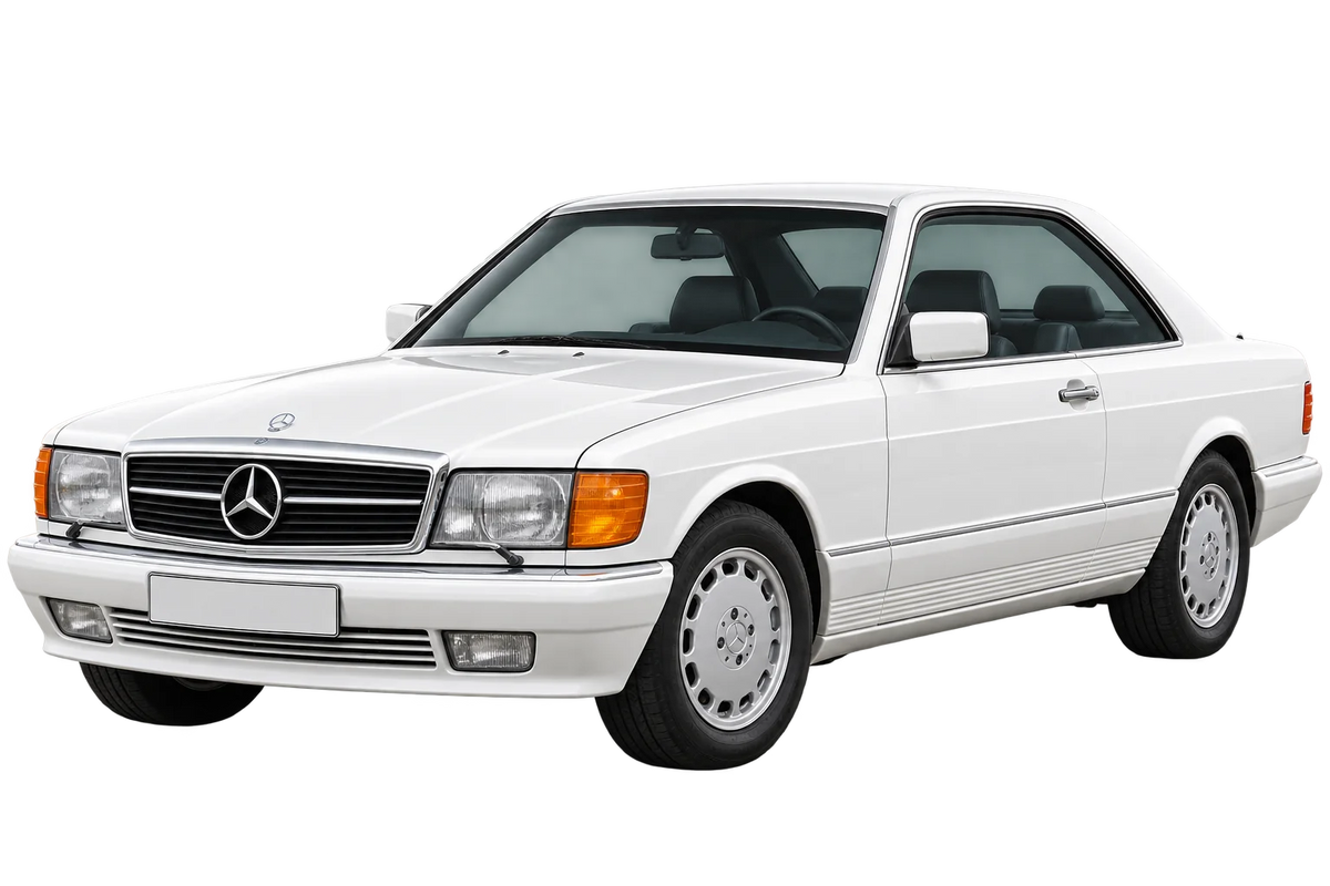 Witte Mercedes S-Klasse 126C Coupé, schuin van voren