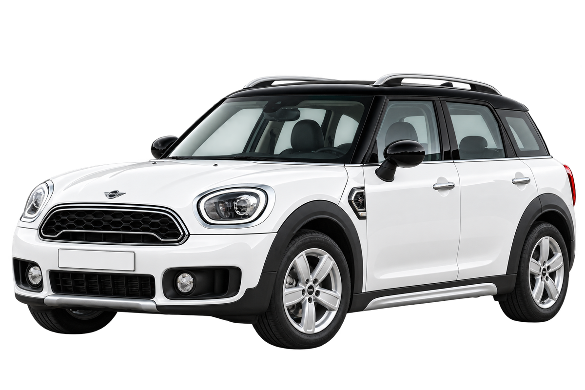 Witte Mini Countryman FMX F60, schuin van voren