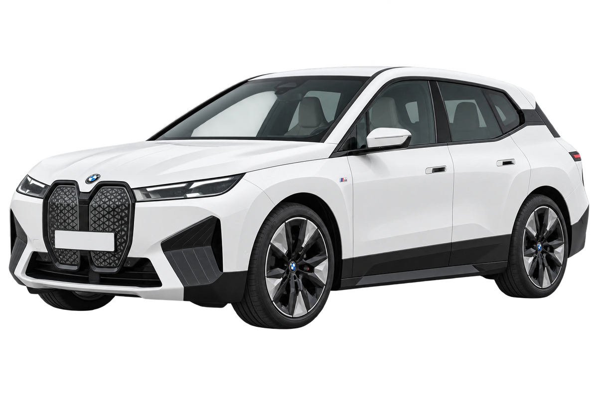 Witte BMW iX M BMWi-N iX M60 xDrive, schuin van voren