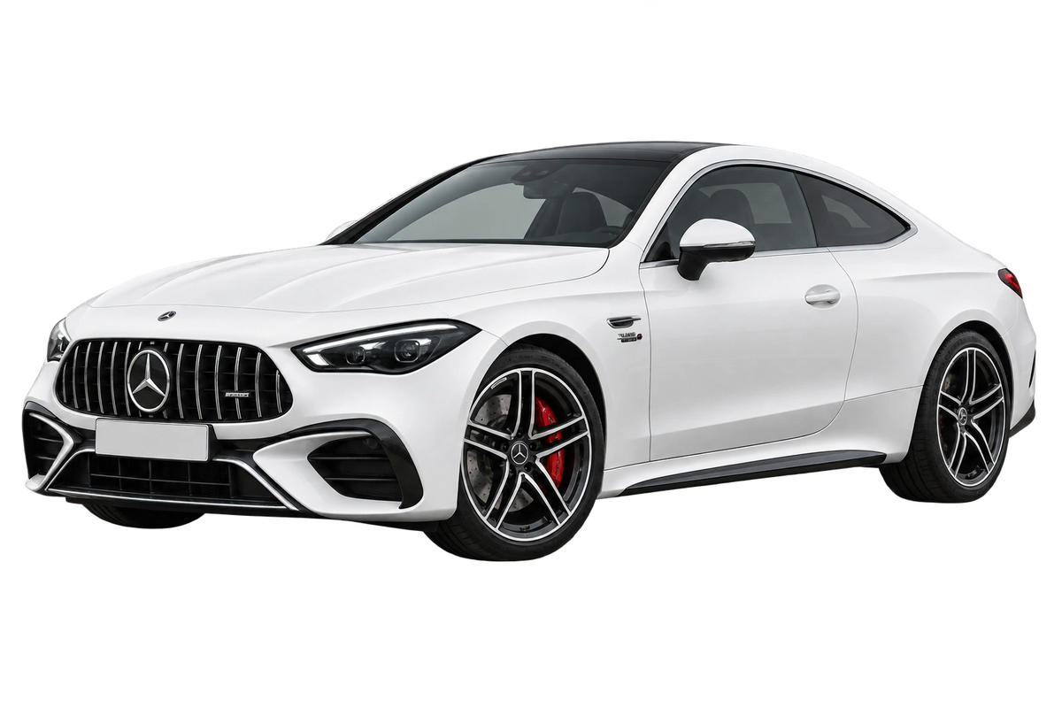 Witte Mercedes CLE AMG R2CLECA 236 AMG CLE 53 4MATIC+ Coupé, schuin van voren