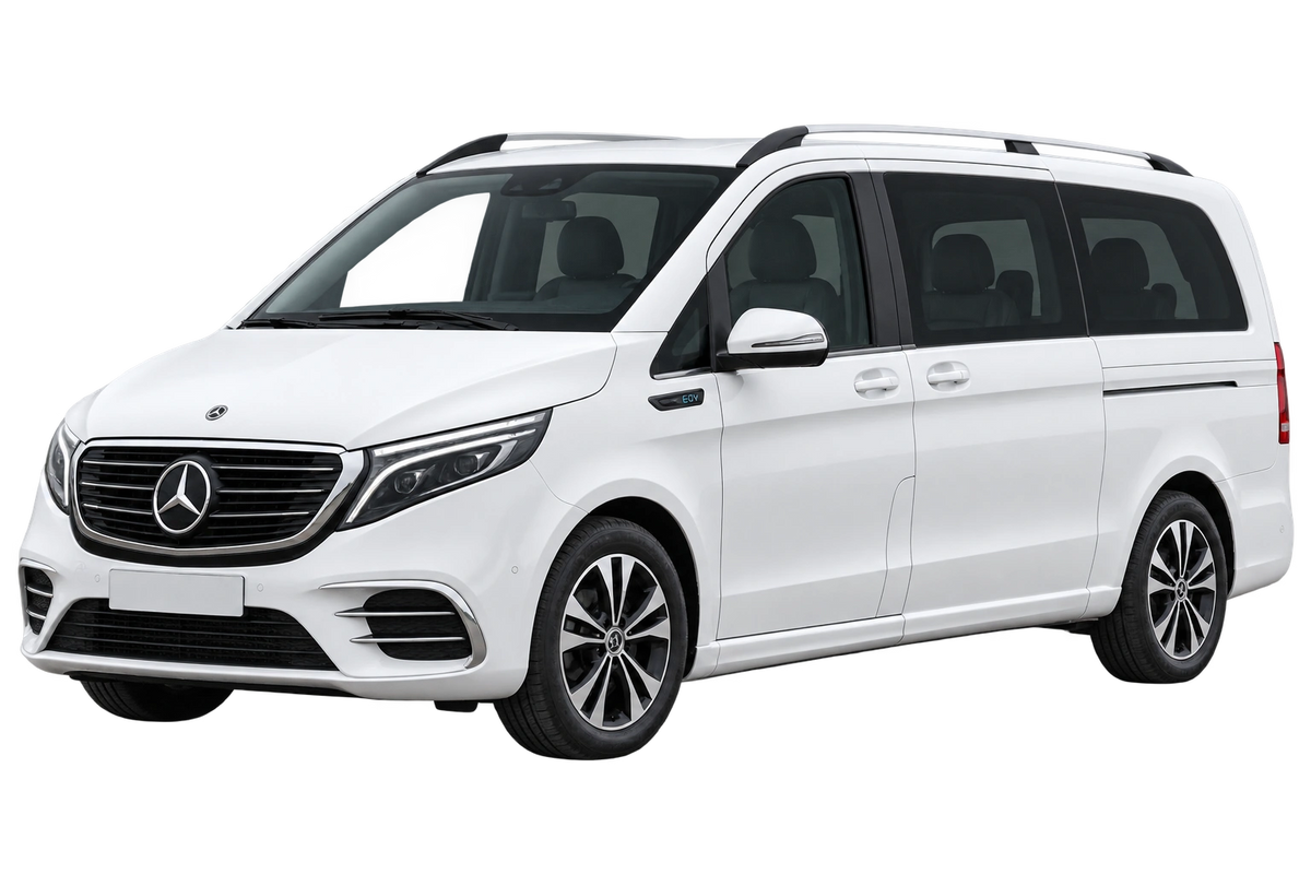 Witte Mercedes EQV 639/2, schuin van voren