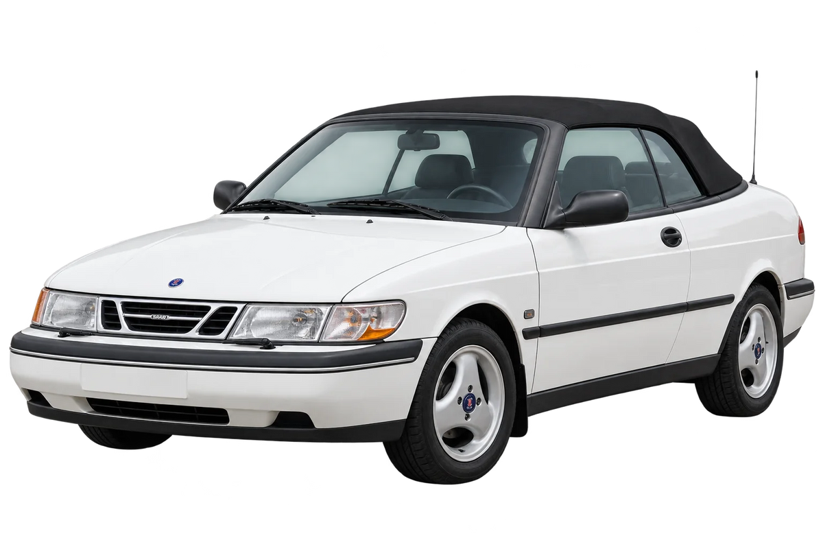 Witte Saab 900 900/II, 900/II Cabrio Cabriolet, schuin van voren