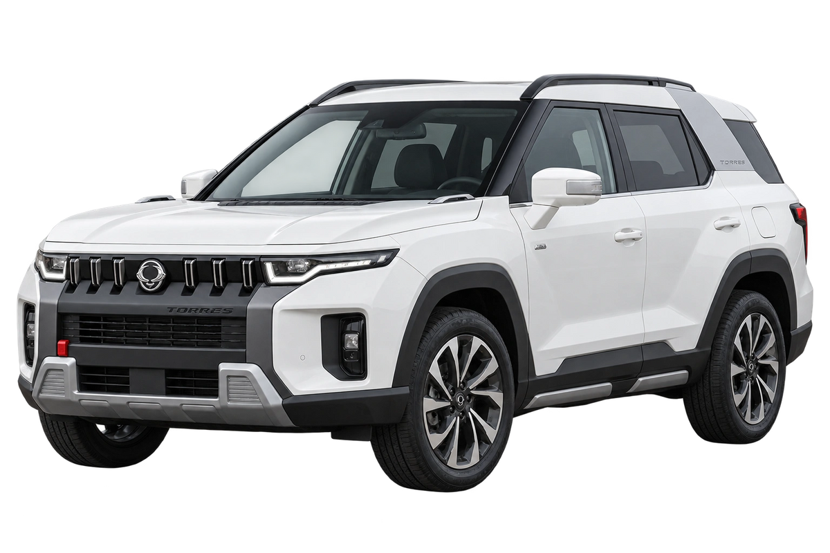 Witte Ssangyong Torres CW, schuin van voren