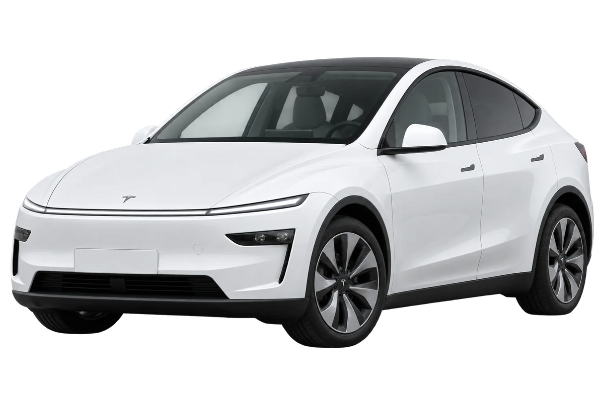 Witte Tesla Model Y 003 / 005 Facelift 2025, schuin van voren