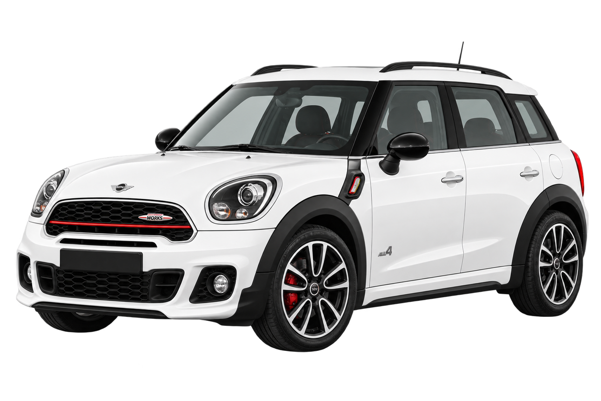 Witte Mini Countryman UKL/X R60 John Cooper Works Countryman ALL4 / 160 kW - 218 PS, schuin van voren