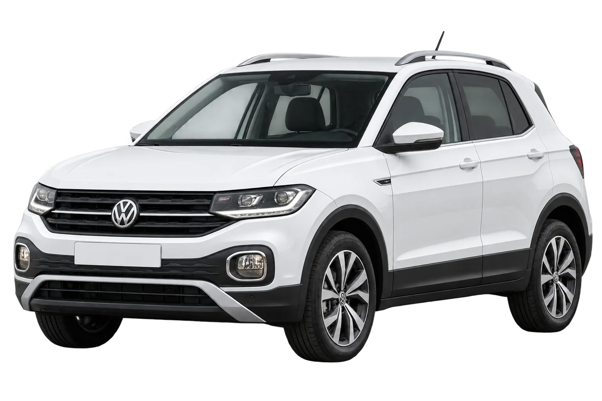 Witte Volkswagen T-Cross C1, schuin van voren