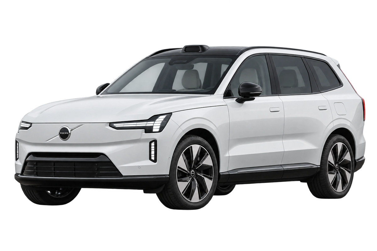 Witte Volvo EX90 T, schuin van voren