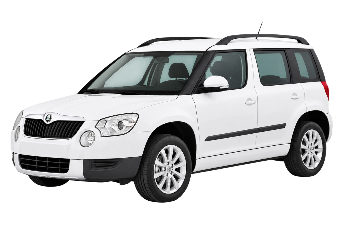 Witte Skoda Yeti 5L, schuin van voren