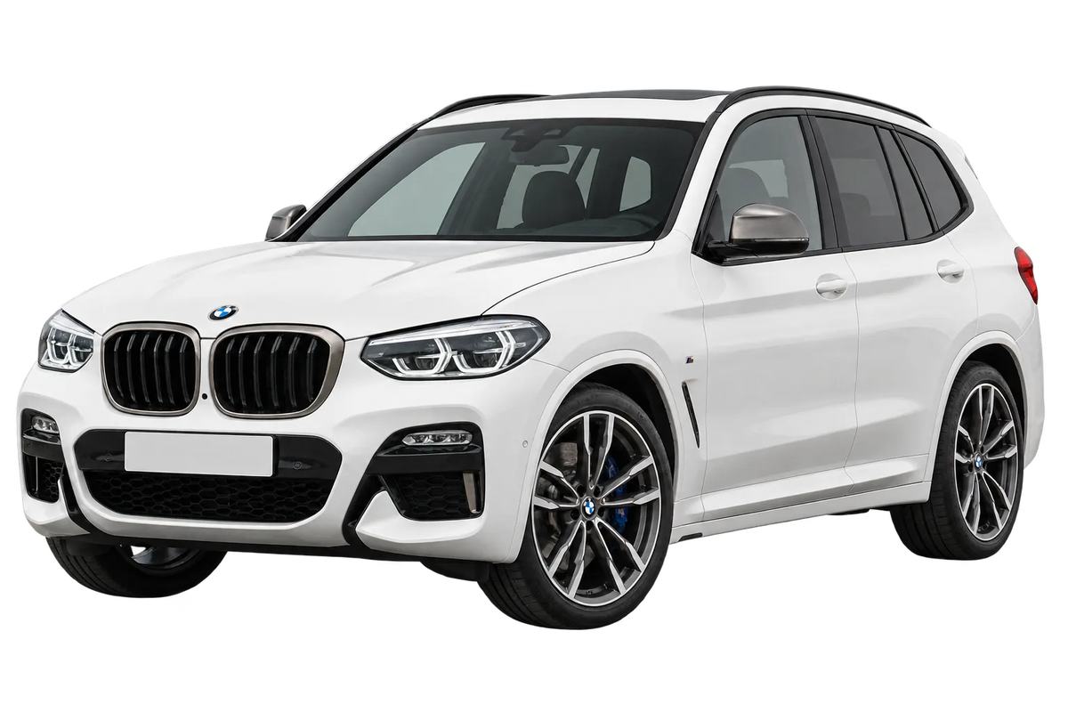 Witte BMW X3 M F34XM G01, schuin van voren