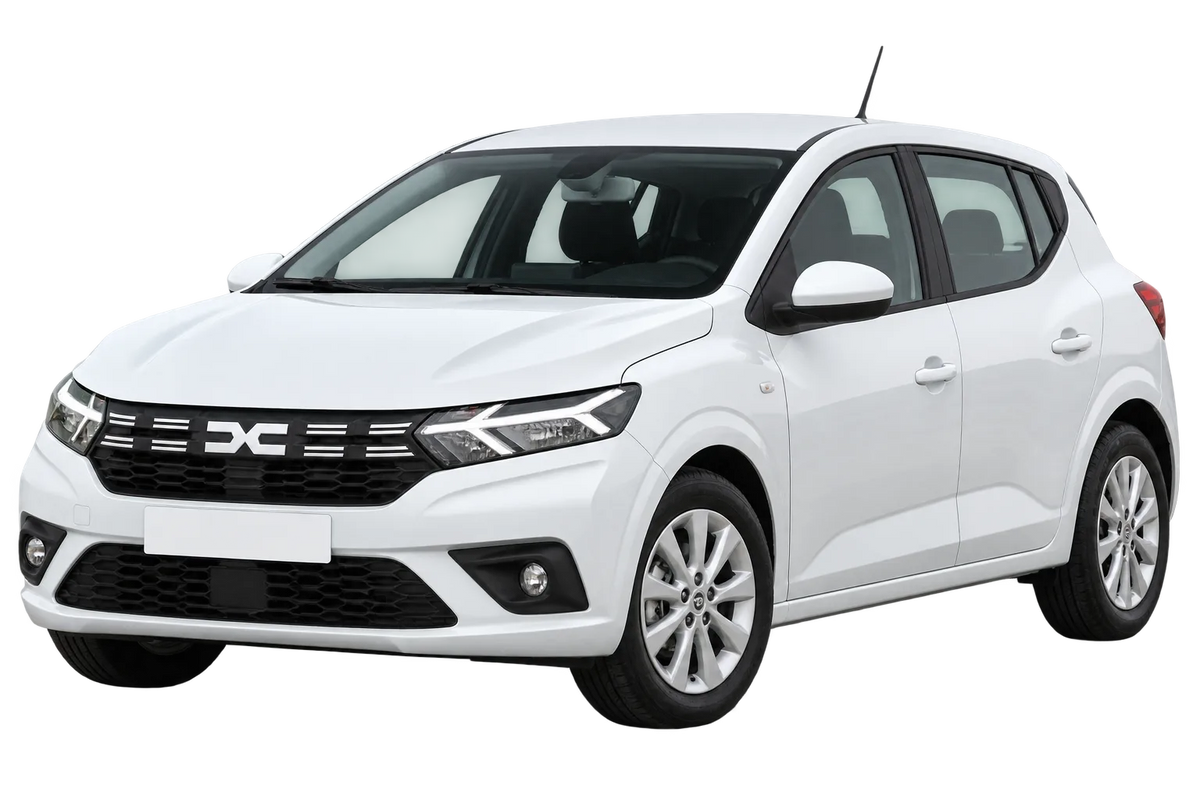 Witte Dacia Sandero DJF, schuin van voren