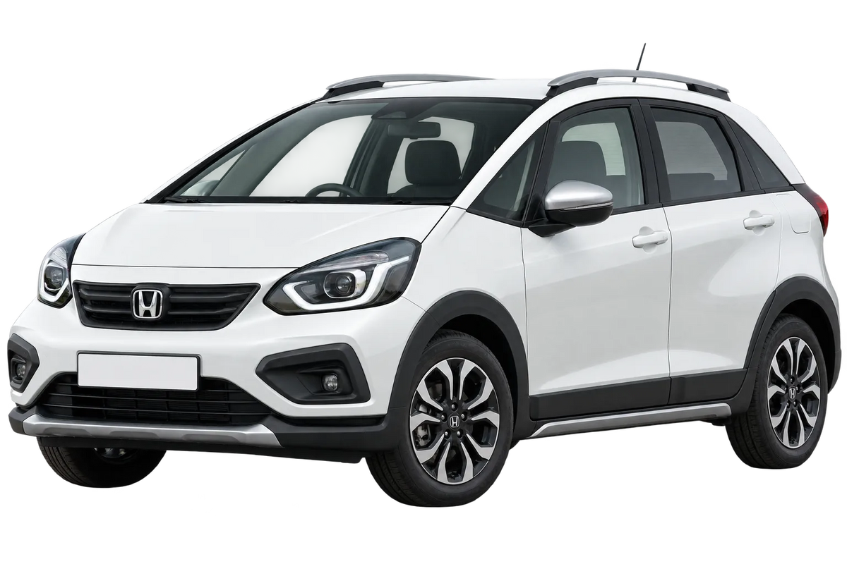 Witte Honda Jazz GR Crosstar, schuin van voren