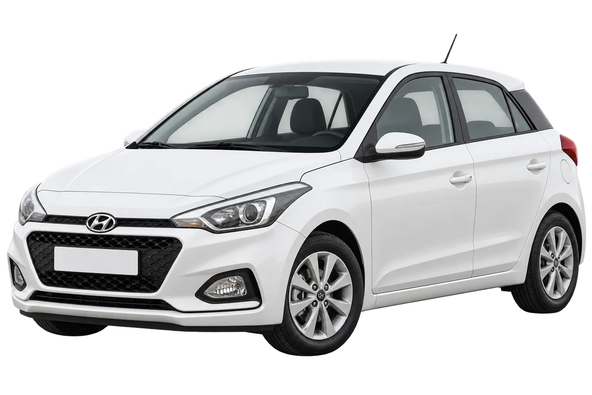 Witte Hyundai i20 GB, schuin van voren