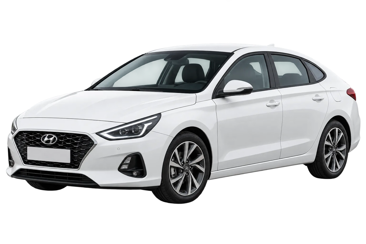 Witte Hyundai i30 PDE Fastback, schuin van voren