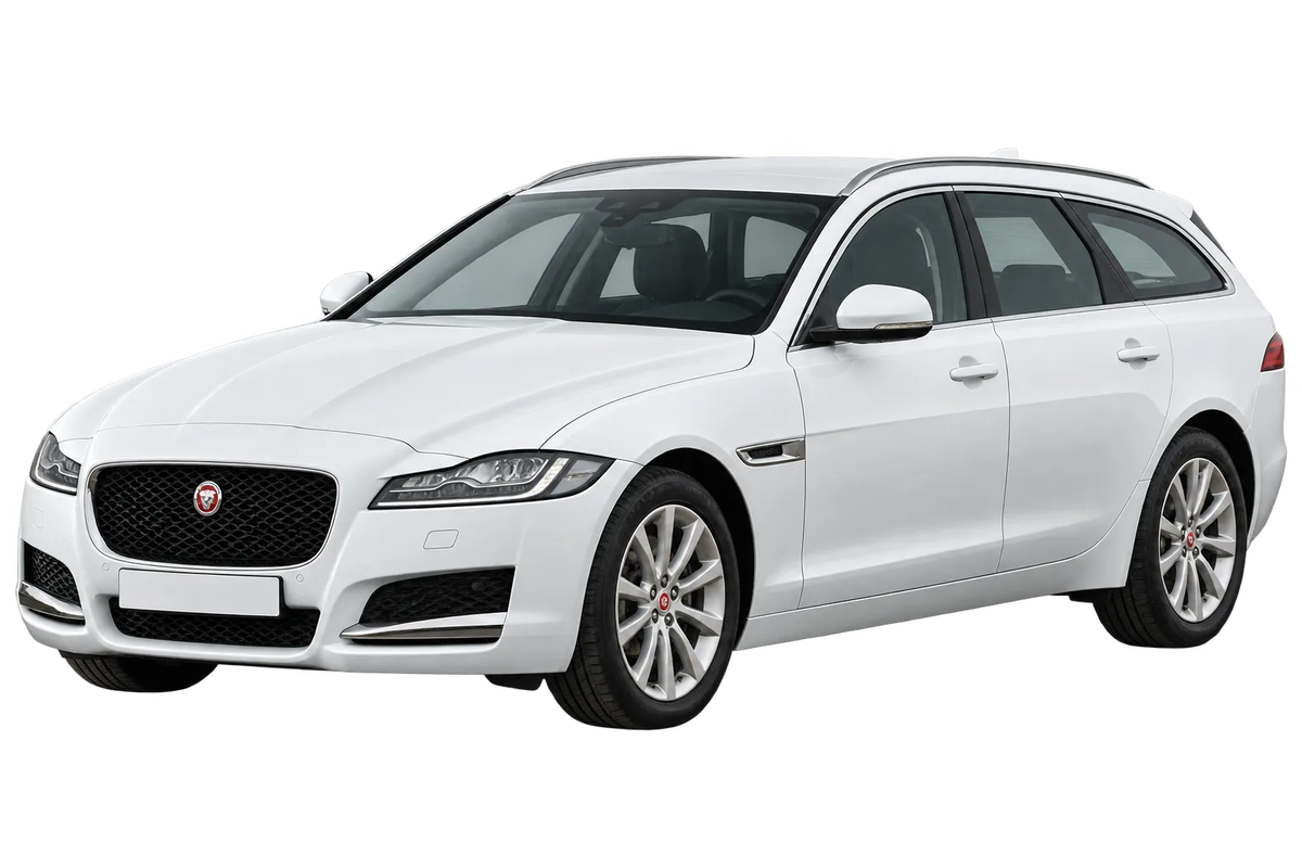 Witte Jaguar XF JB Sportbrake, schuin van voren