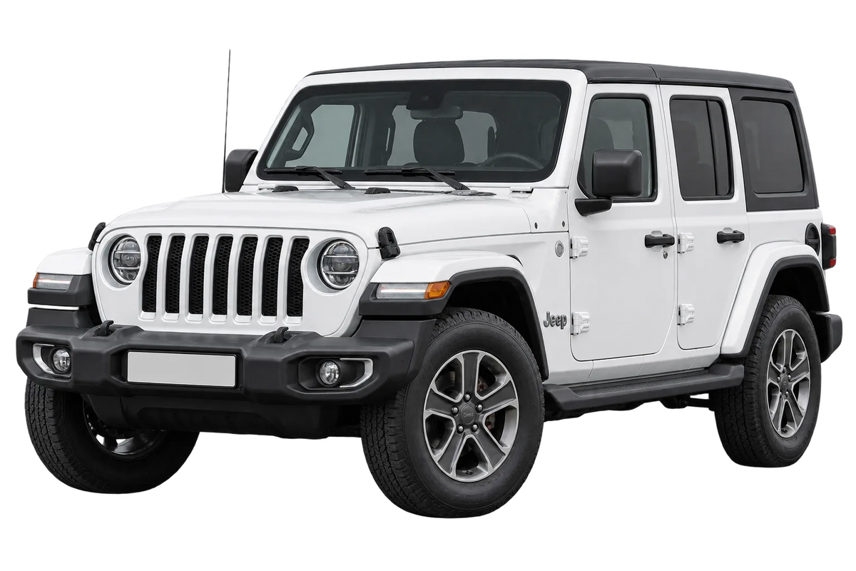 Witte Jeep Wrangler JK JL, schuin van voren