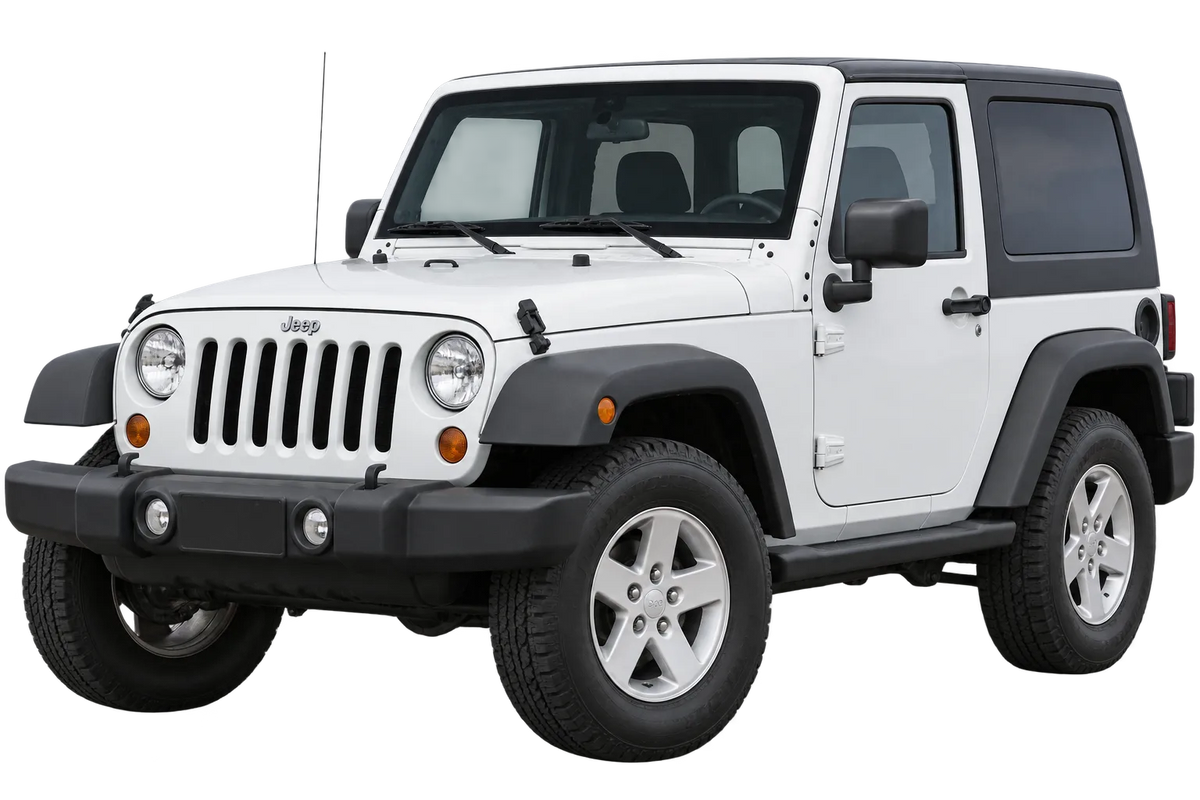Witte Jeep Wrangler JK, schuin van voren