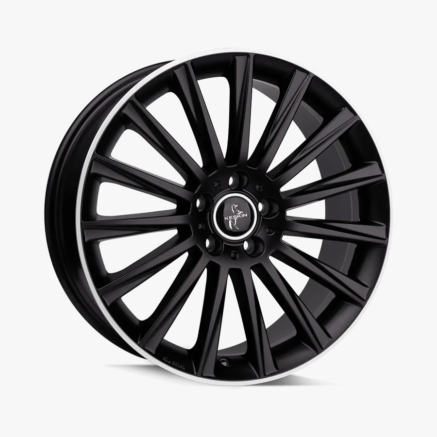 KESKIN KT18 TURBO Matt Black Lip Polish (MBLP) lichtmetalen velg in schuin driekwartaanzicht