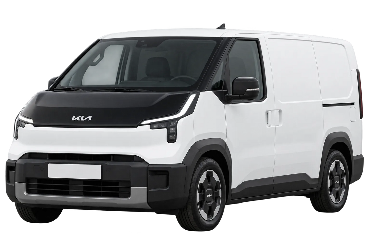 Witte Kia PV5 SW1 Passenger & Cargo, schuin van voren