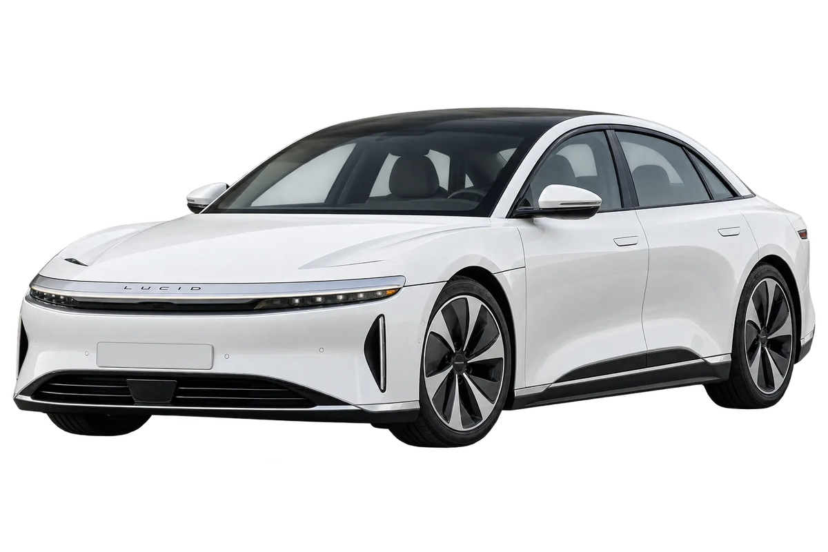 Witte Lucid Air A1, schuin van voren
