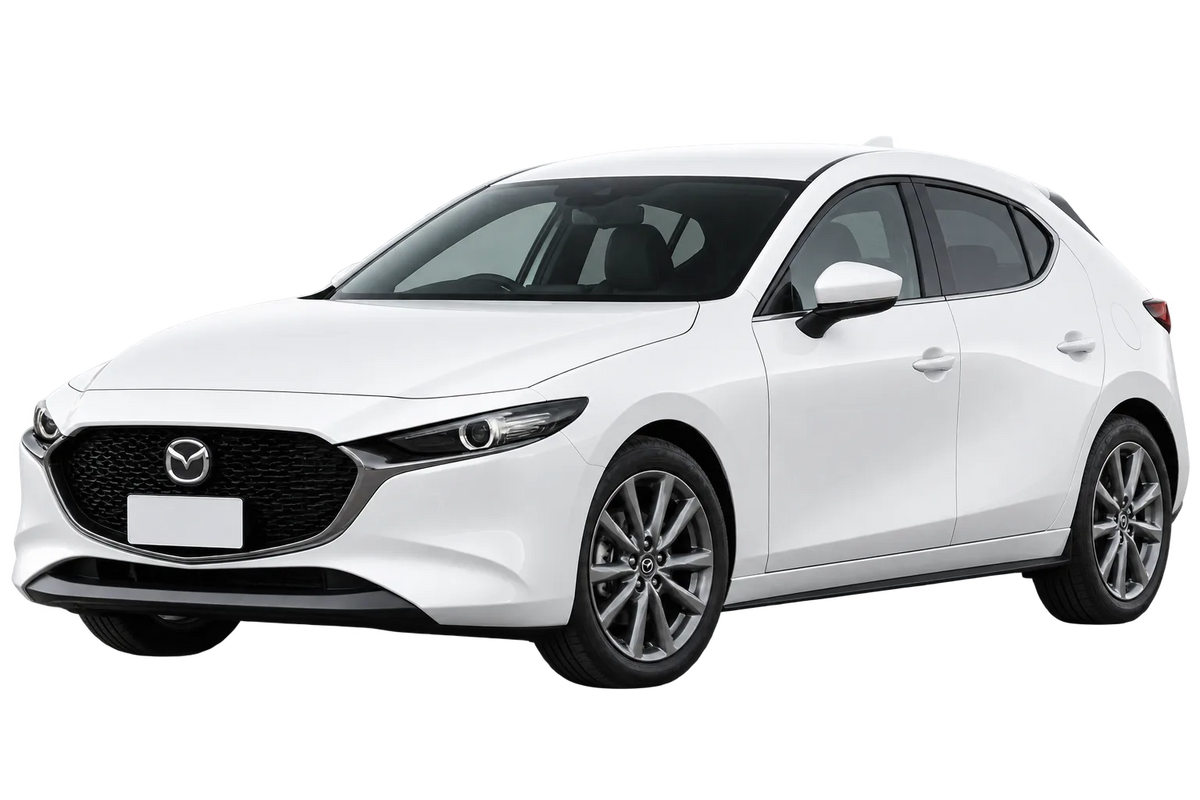 Witte Mazda 3 BP, schuin van voren
