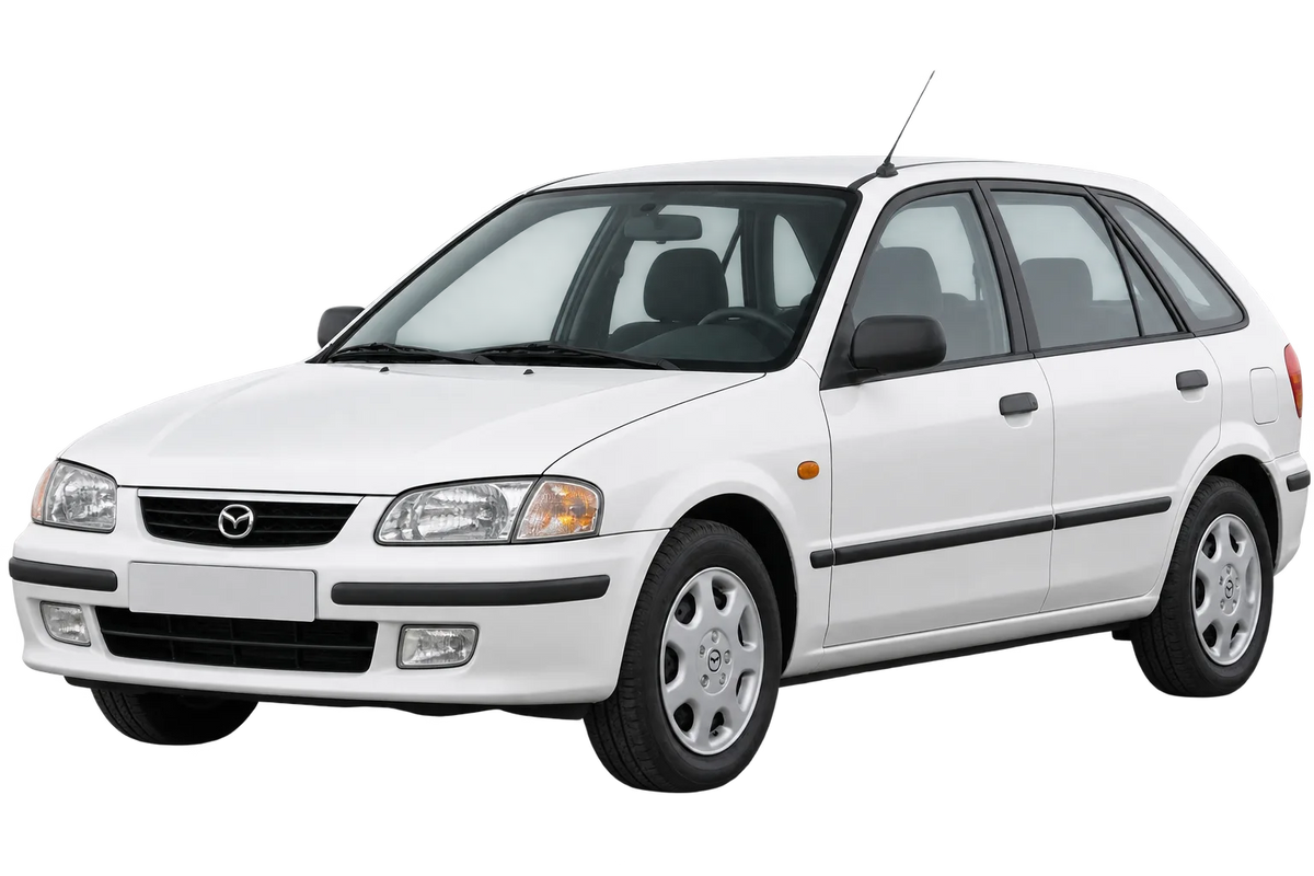 Witte Mazda 323 BA, schuin van voren