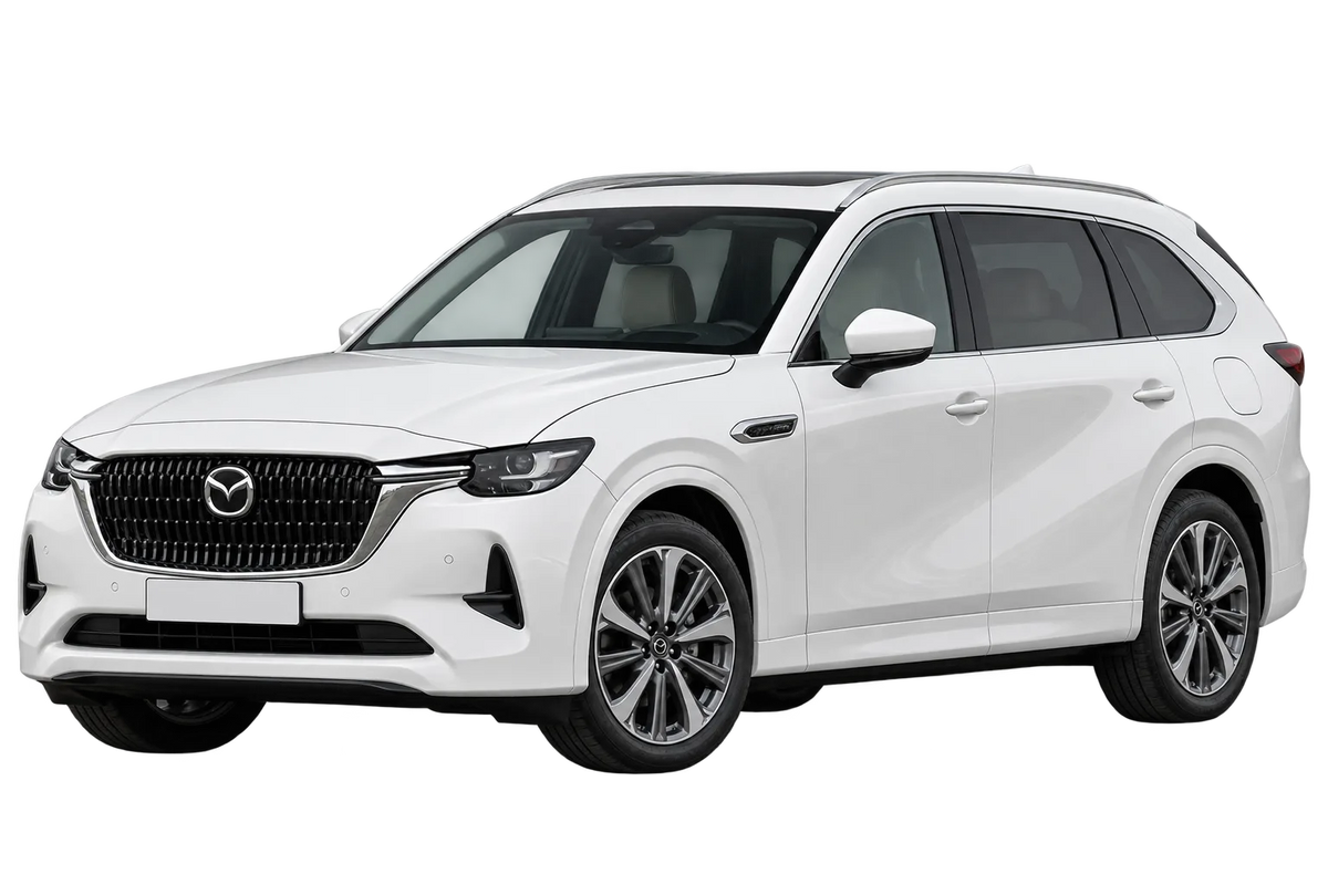 Witte Mazda CX-80 KL01 PHEV - Plug-In Hybrid, schuin van voren