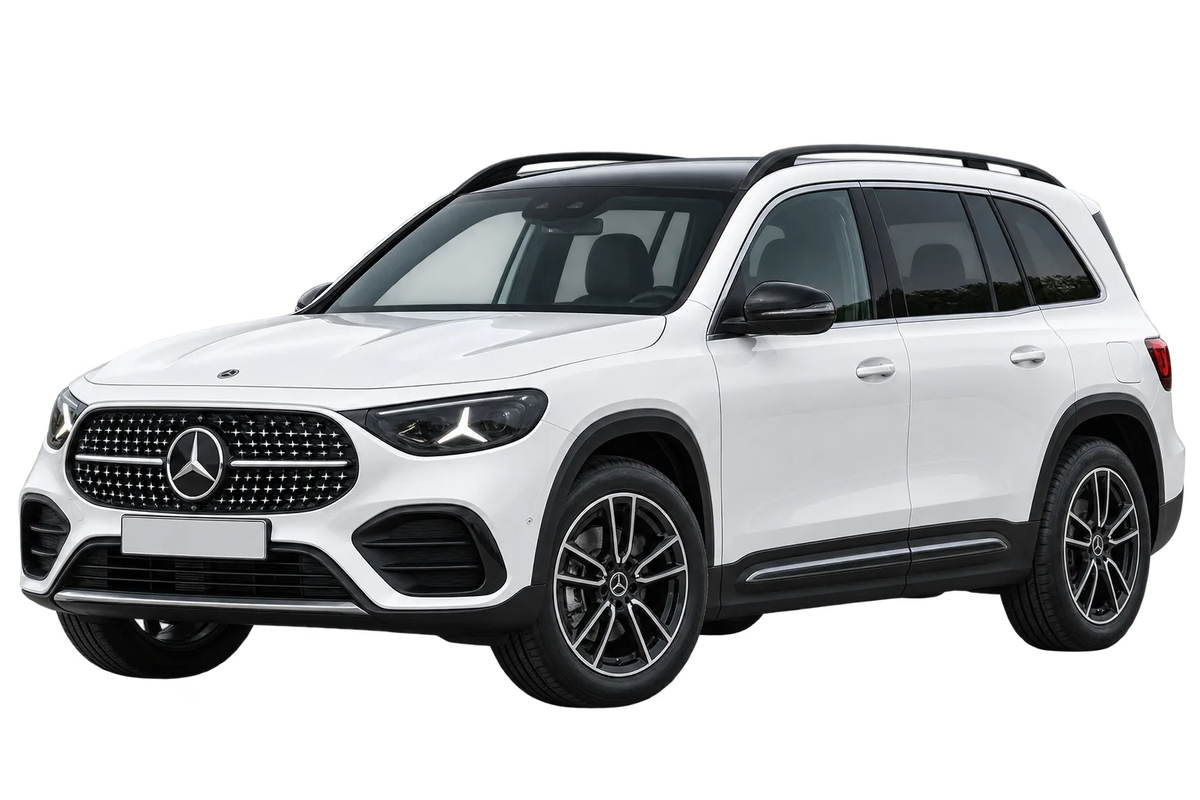 Witte Mercedes GLB MMGLBH X248 Vollhybrid, schuin van voren
